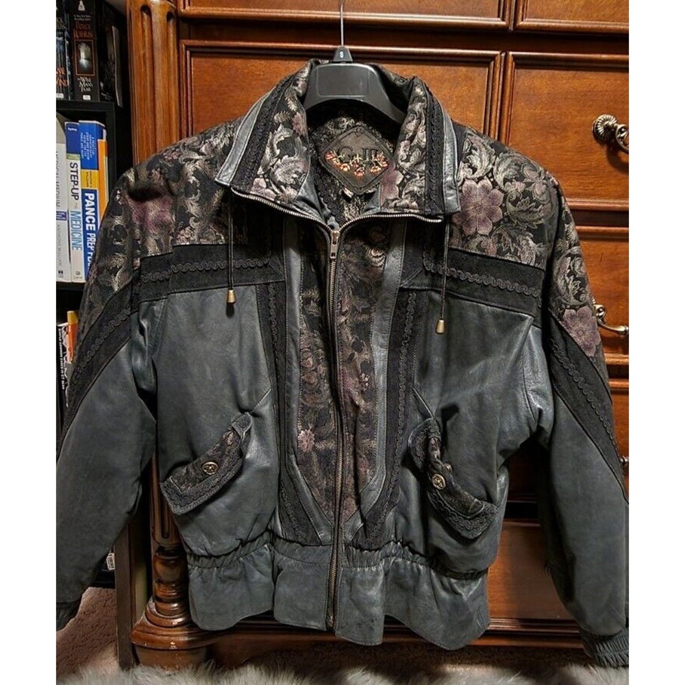 G III Floral Leather Bomber Jacket Coat Size Large Rare Vintage Excellent Cond.